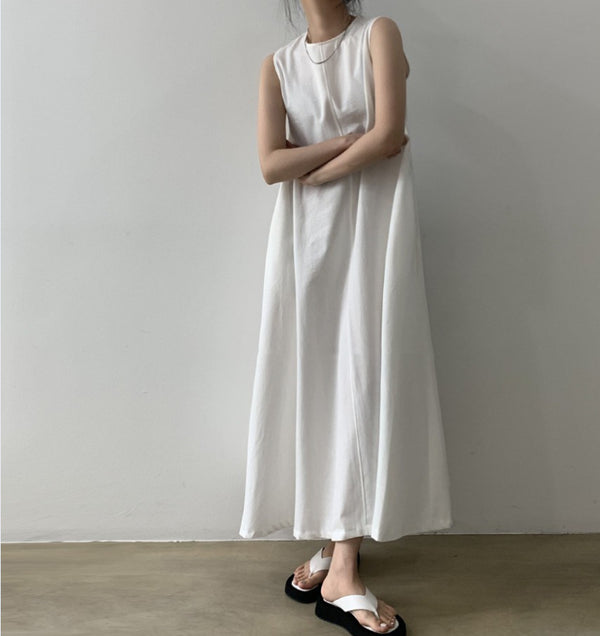 Robe longue en coton et lin unie sans manches à col rond