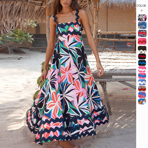 Robe longue à bretelles motif ondulé imprimé fleurs pour femme, style bohème A-line, mode féminine