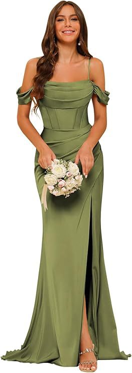 Robe de bal corset en satin épaules dénudées pour demoiselle d'honneur