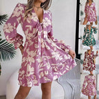 Nouvelle robe courte à manches longues et col en V avec imprimé floral, volants, nœud papillon et coupe trapèze pour femme.