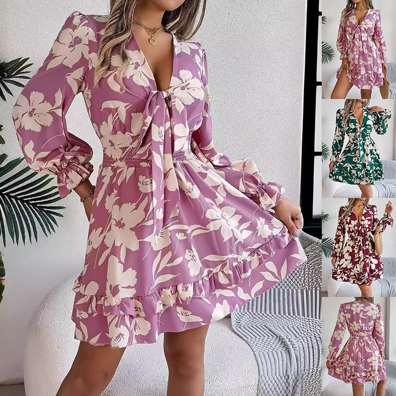 Nouvelle robe courte à manches longues et col en V avec imprimé floral, volants, nœud papillon et coupe trapèze pour femme.