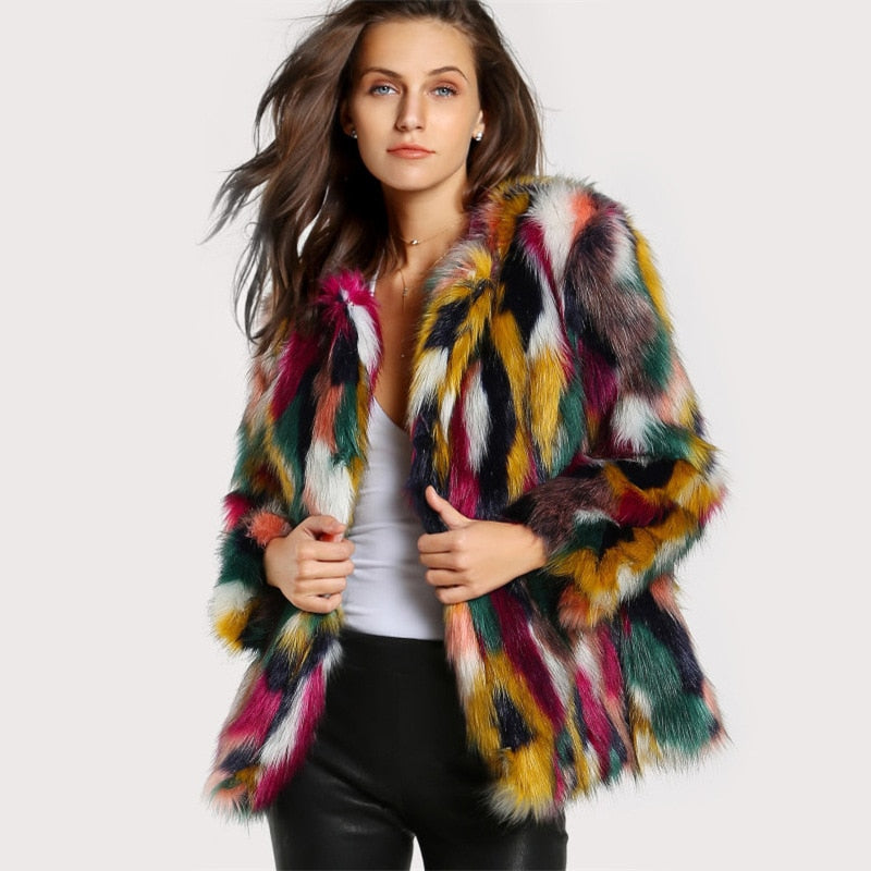 Manteaux d'hiver colorés en fourrure pour femmes, manteaux élégants en fausse fourrure colorée, marque de mode, manches longues, sans col, manteau décontracté pour femme