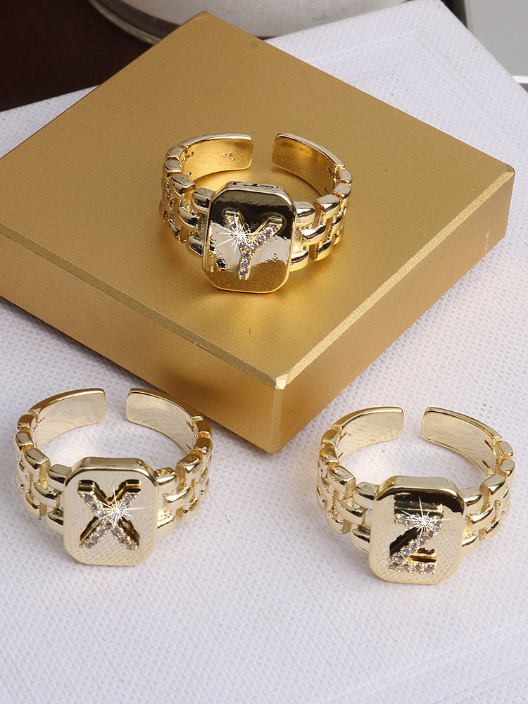 Bague chaîne maillons de bracelet de montre carrés épais en strass lettre initiale A-Z brillantes pour femme Bijoux de boutique