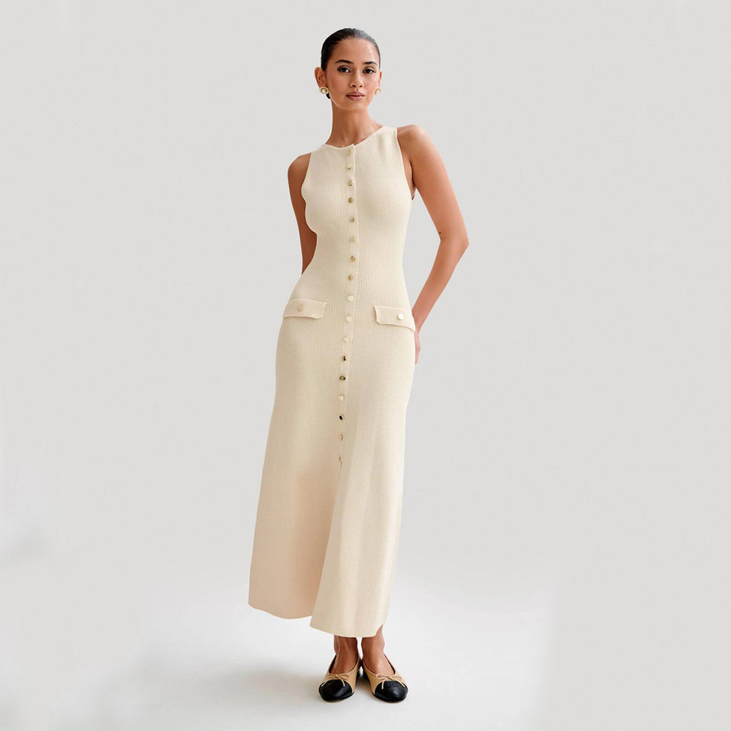 Robe longue élégante en tricot sans manches avec col rond, vêtement féminin