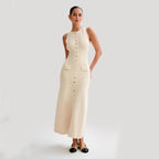 Robe longue élégante en tricot sans manches avec col rond, vêtement féminin
