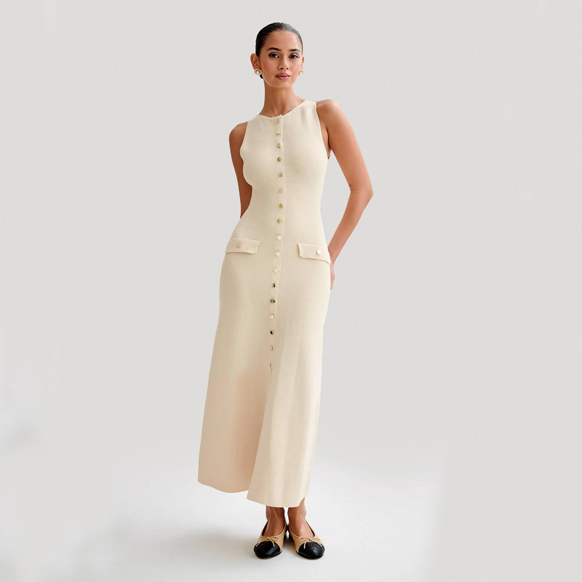 Robe longue élégante en tricot sans manches avec col rond, vêtement féminin