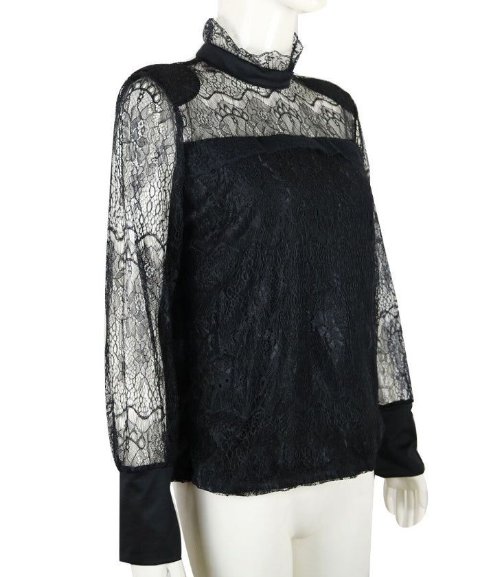 Mode Décontractée Femme Blouses Manches Longues Transparentes Hauts Chemisier en Dentelle Florale Chemise Haut Chemisier Noir Col Roulé