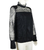 Mode Décontractée Femme Blouses Manches Longues Transparentes Hauts Chemisier en Dentelle Florale Chemise Haut Chemisier Noir Col Roulé