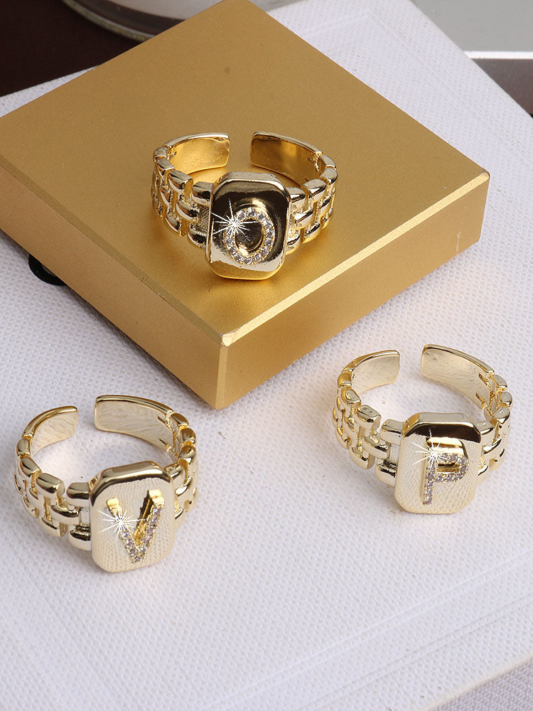 Bague chaîne maillons de bracelet de montre carrés épais en strass lettre initiale A-Z brillantes pour femme Bijoux de boutique