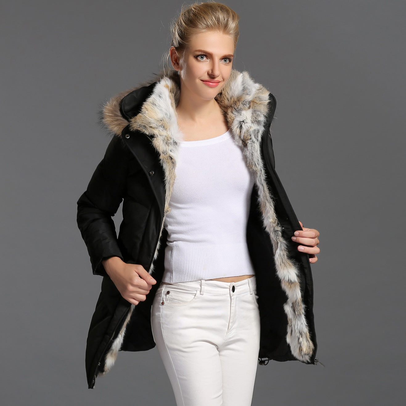Manteau d'extérieur haut de gamme en duvet et fourrure de lapin, mi-long, matelassé, pour femme