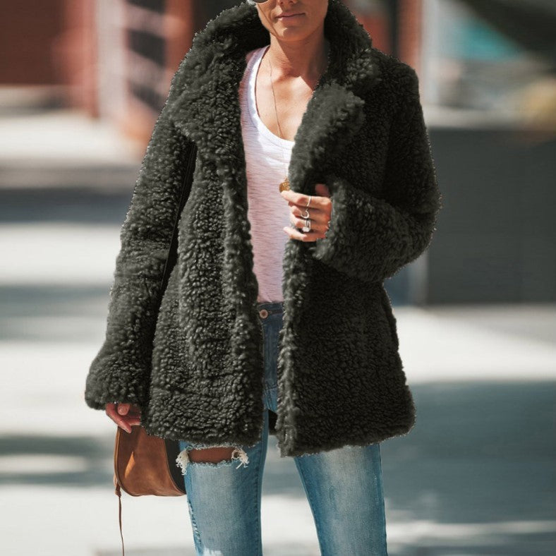 Manteau Femme Hiver à Revers Manches Longues en Fausse Fourrure Moelleuse