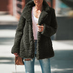 Manteau Femme Hiver à Revers Manches Longues en Fausse Fourrure Moelleuse