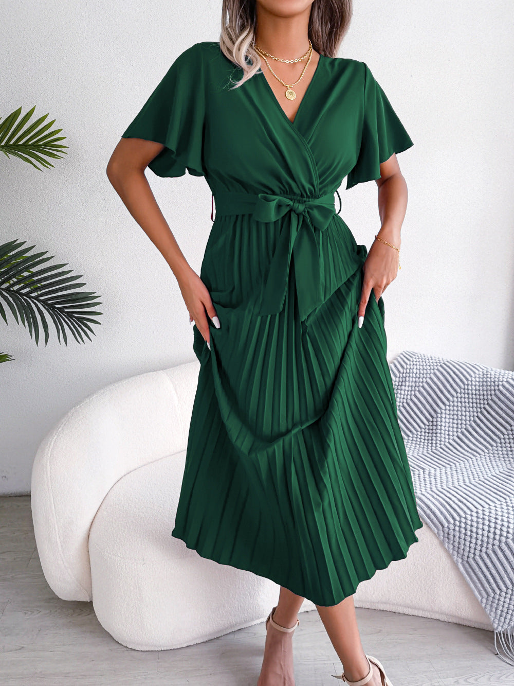 Femmes Robe longue plissée fluide élégante col V croisé