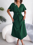 Femmes Robe longue plissée fluide élégante col V croisé