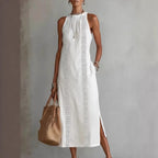 Robe d'été sans manches à col licou et patchwork de dentelle pour femme, style vacances