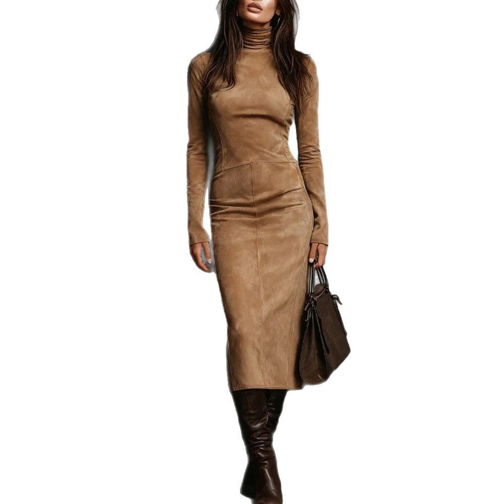 Robe longue à col roulé et manches longues, moulante, sexy, pour femme