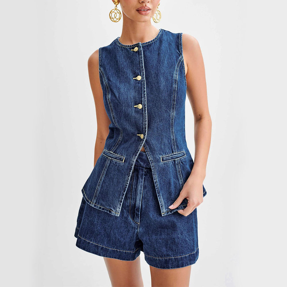 Ensemble short et top gilet boutonnés sans manches en jean pour femme, vêtement décontracté d'été