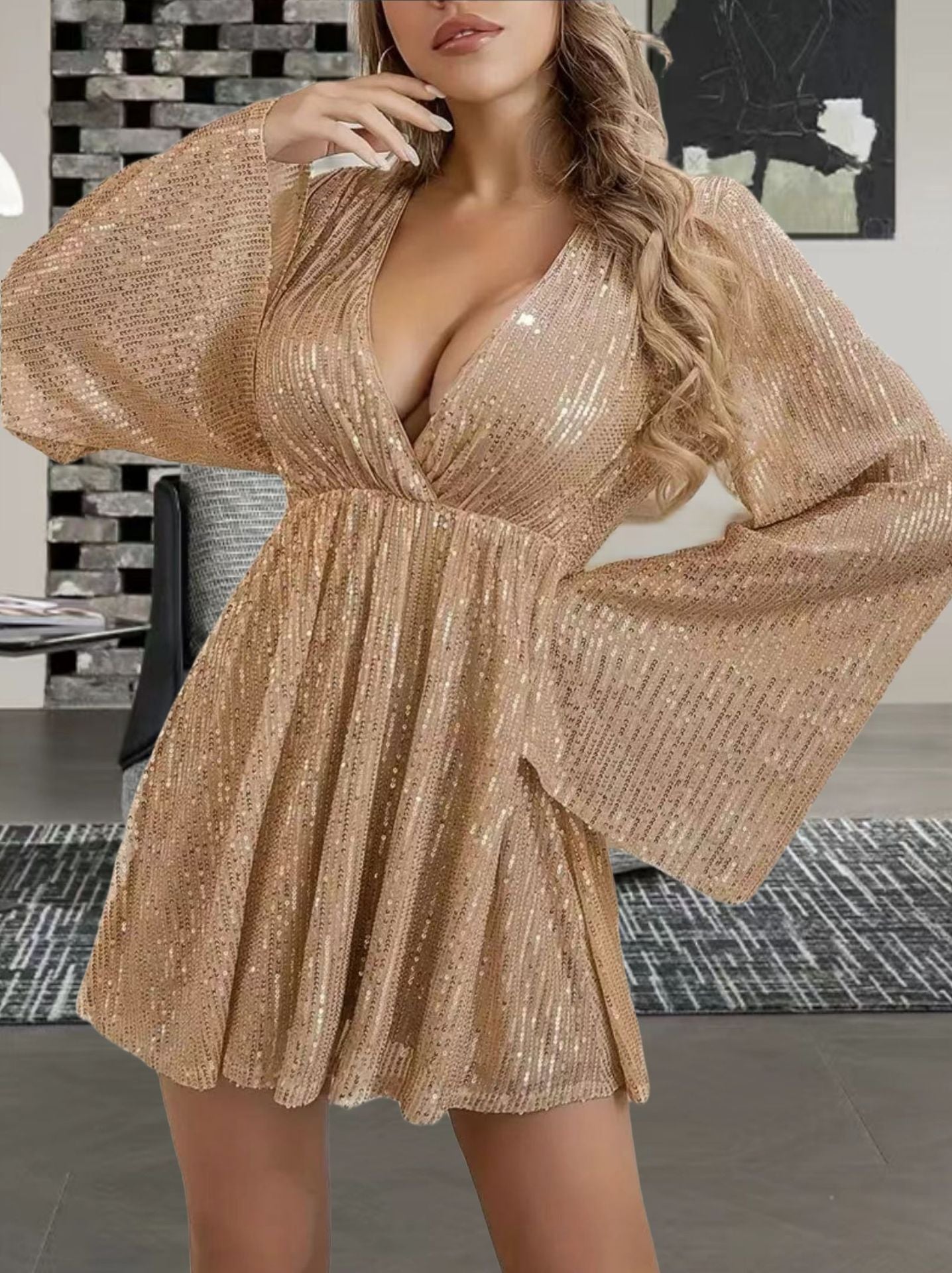 Robe de soirée élégante à col en V, taille amincissante et sequins