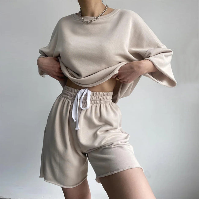 Suit Women's Half Sleeve Round Neck Loose Tether Two-piece Set Hover Image