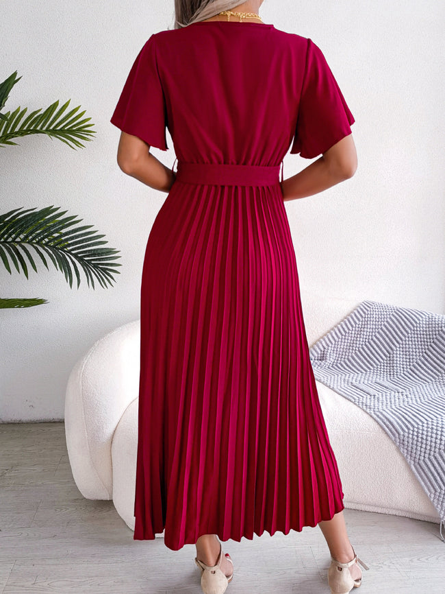 Femmes Robe longue plissée fluide élégante col V croisé Main Image