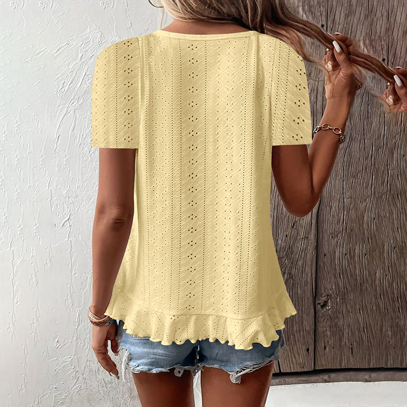 T-shirt à manches courtes et ourlet volanté pour femmes, chemisier décontracté d'été à col rond