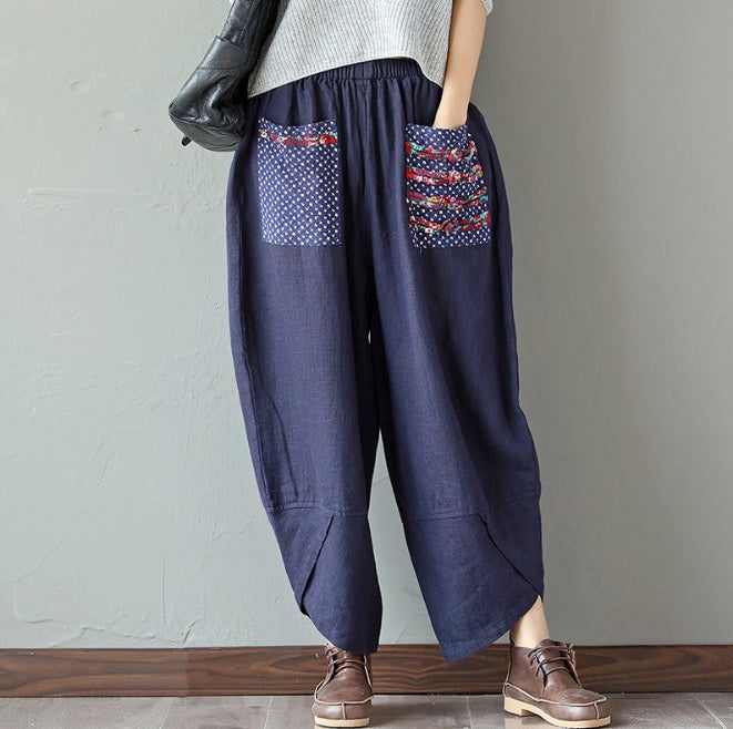 Pantalon ample femme en coton et lin à jambes larges