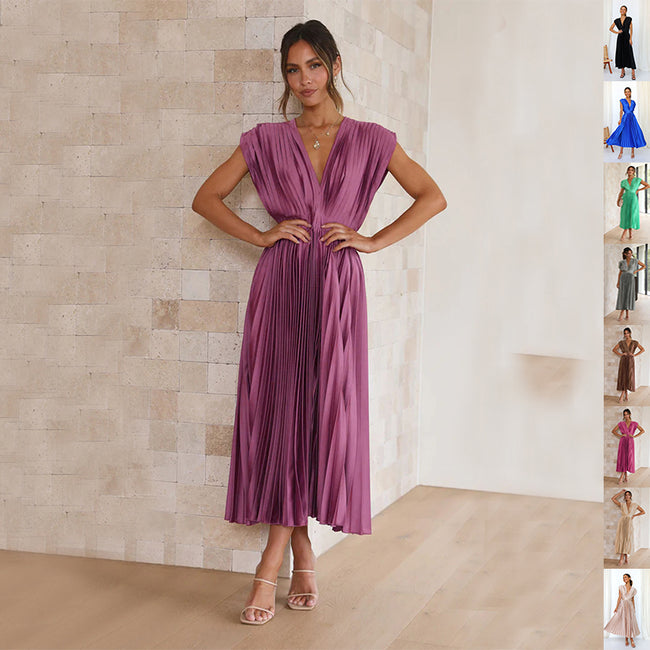 Robe d'été plissée à col en V, mode INS, décontractée, ample, sans manches, avec fermeture éclair, pour femme Hover Image