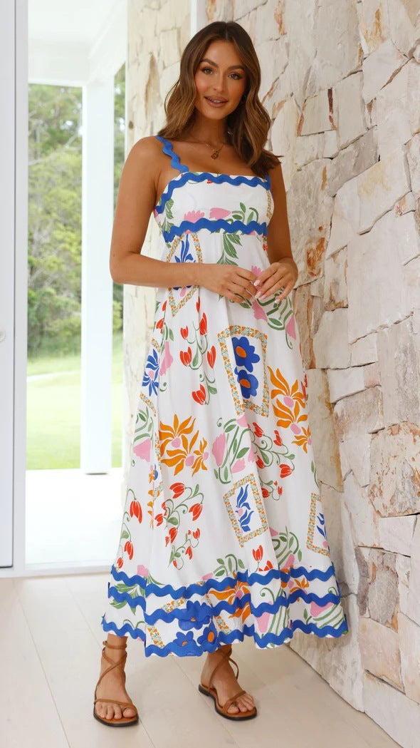Nouvelle robe longue à bretelles imprimée Printemps-Été pour femmes