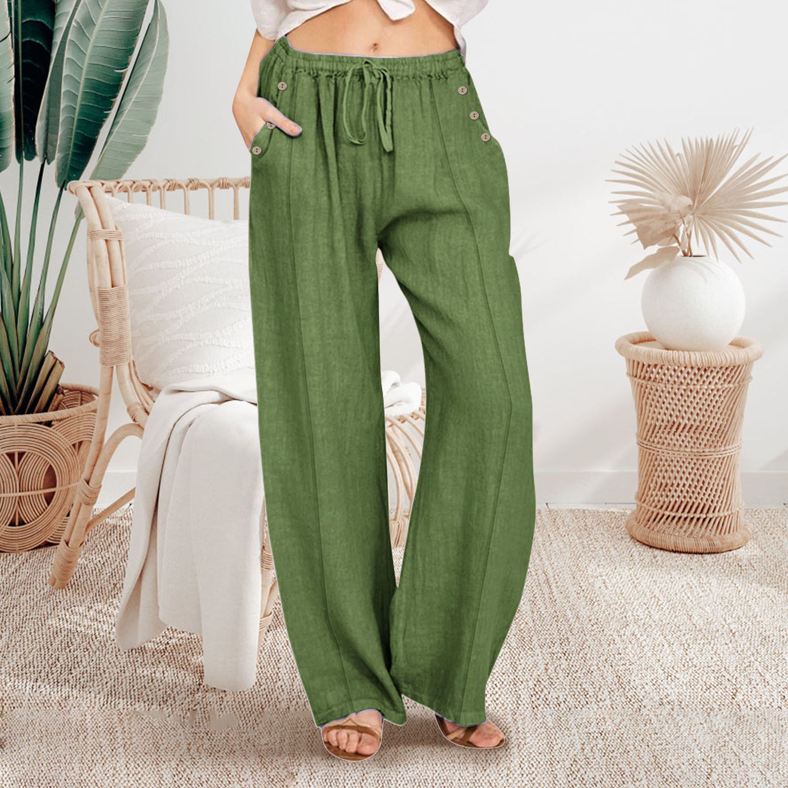 Pantalon ample décontracté à jambes larges et boutonnées pour femme