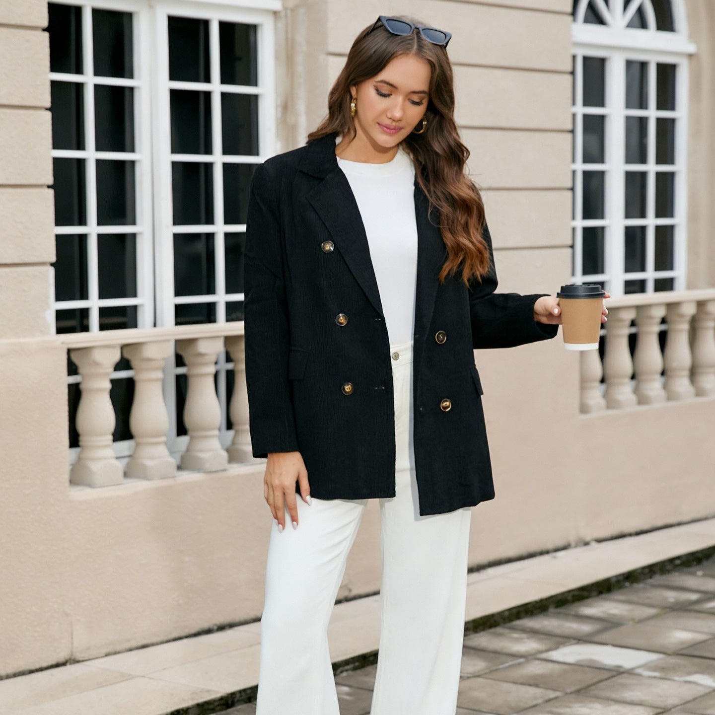 Blazer en velours côtelé uni décontracté pour femme