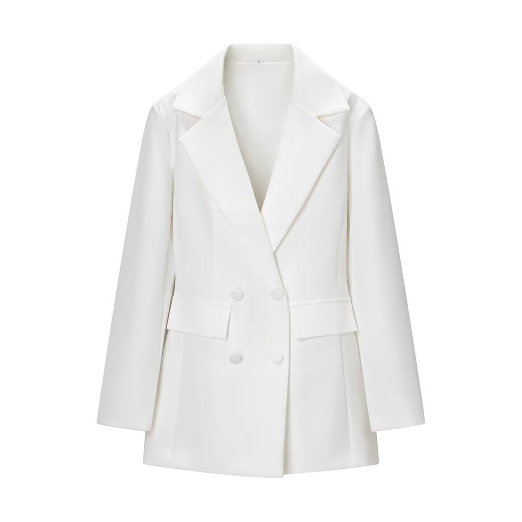 Blazer long ajusté style cache-cœur, à manches longues, taille marquée et basque pour femme