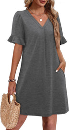 Robe élégante à col en V à volants pour femme avec poches