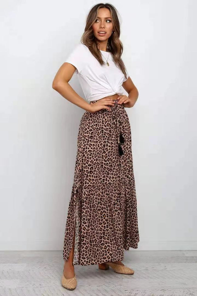Nouvelle jupe large léopard marron en coton élastique taille haute Main Image