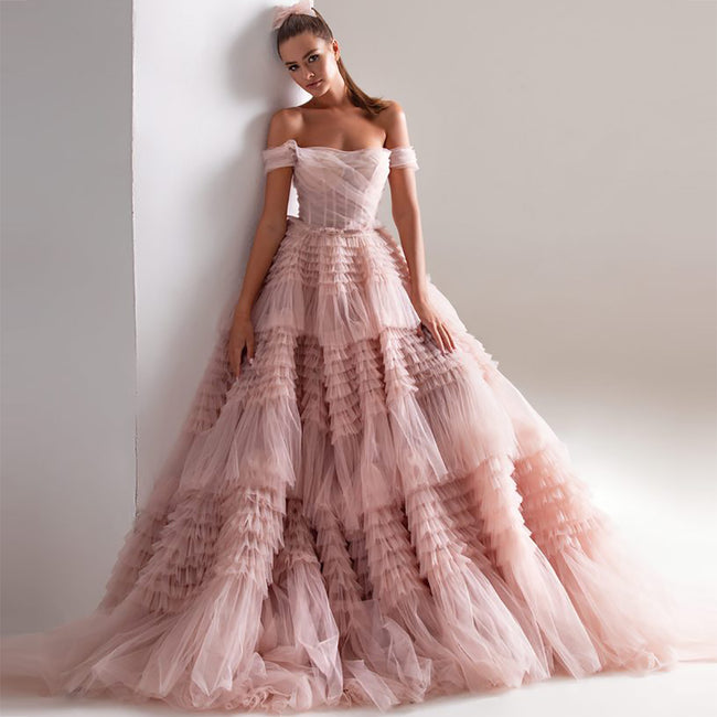 Bridal Wedding One Line Neck Lacquer Mesh Dress Hover Image