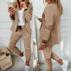Ensemble tailleur à manches longues de couleur unie pour femme - Blazer élégant à revers cranté avec poches et pantalon à taille élastique, tenue décontractée chic pour le printemps et l'automne
