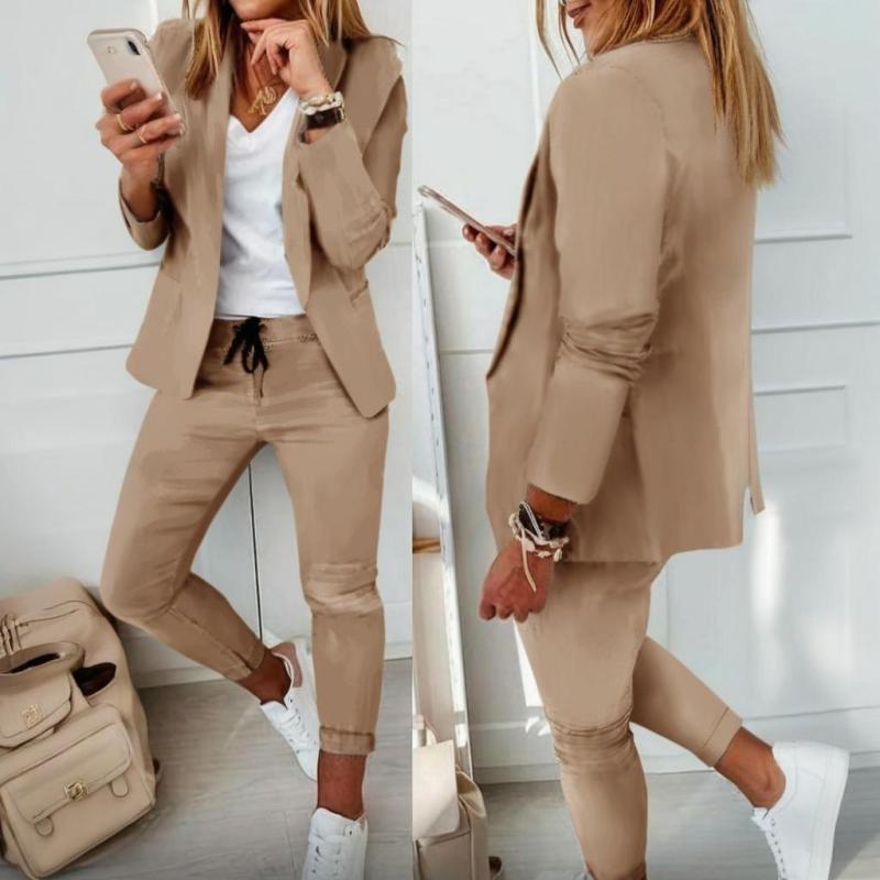 Ensemble tailleur à manches longues de couleur unie pour femme - Blazer élégant à revers cranté avec poches et pantalon à taille élastique, tenue décontractée chic pour le printemps et l'automne