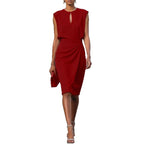 Women's Retro Elegant Solid Color Cross Front Knotted Round Neck Hollow Out Dress - Lightweight Summer Casual A-Line Midi Dress Party Dresses