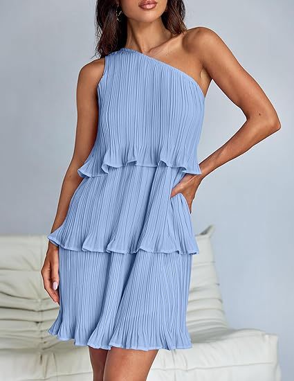 Robe décontractée pour femme, à une épaule dénudée, ourlet à volants superposés, couleur unie simple, taille haute confortable, pour l'été et la rue