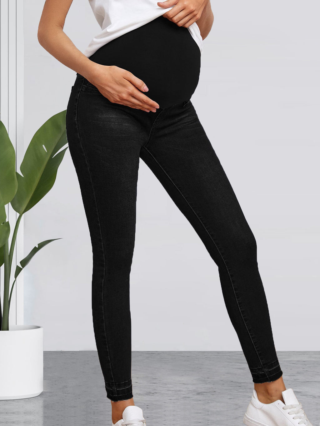 Pantalon en jean taille haute de grossesse avec soutien abdominal