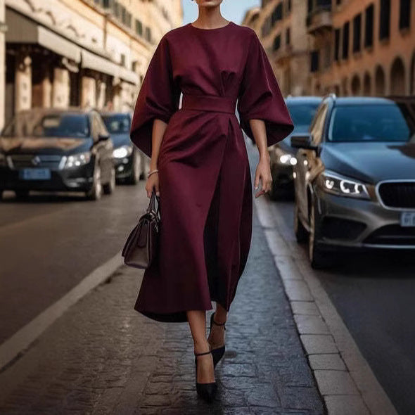 Robe Ample à Manches Chauve-souris, Taille Cintrée, Couleur Unie, Robes Élégantes pour Femme