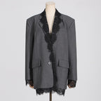 Lace-Panel Design Statement Long-Sleeve Structured Blazer For Women