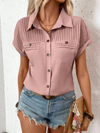 Haut T-shirt à manches courtes plissé avec poche, revers et épaule pour femme