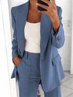Vêtements pour femmes : Ensemble décontracté Ins avec blazer à revers, manches longues et pantalon slim à poches