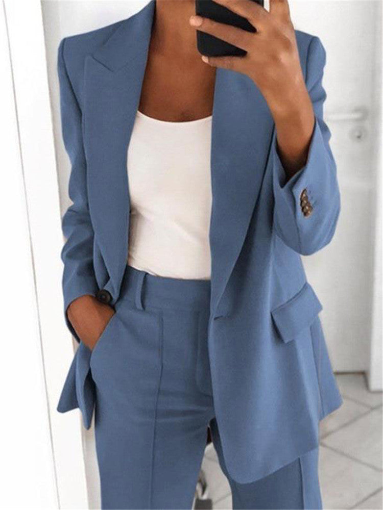 Vêtements pour femmes : Ensemble décontracté Ins avec blazer à revers, manches longues et pantalon slim à poches