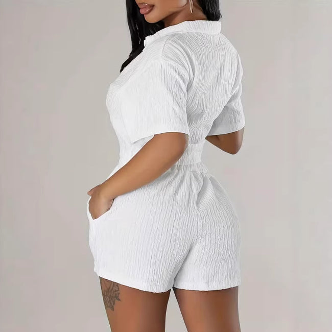 Ensemble chemise décontractée élégante à manches courtes, coupe plissée unie, deux pièces. Main Image