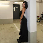 Robe longue fendue coupe ajustée de couleur unie