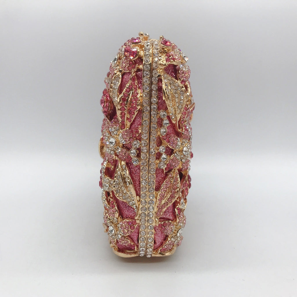 Pochette de soirée en métal rose, chaîne et diamants