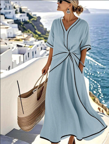 Robe Longue D'été Imprimée Rayures Décontractée Plage Vacances Manches Courtes Vêtements Femme