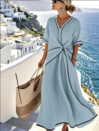 Robe Longue D'été Imprimée Rayures Décontractée Plage Vacances Manches Courtes Vêtements Femme