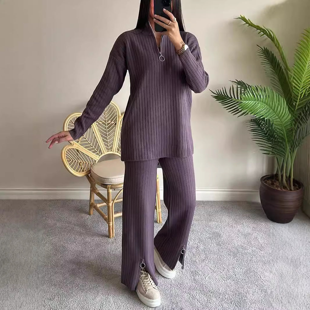 Vêtements d'automne pour femmes Couleur unie Fermeture éclair Tricot Col roulé Côtelé Tenue d'intérieur Ensemble deux pièces